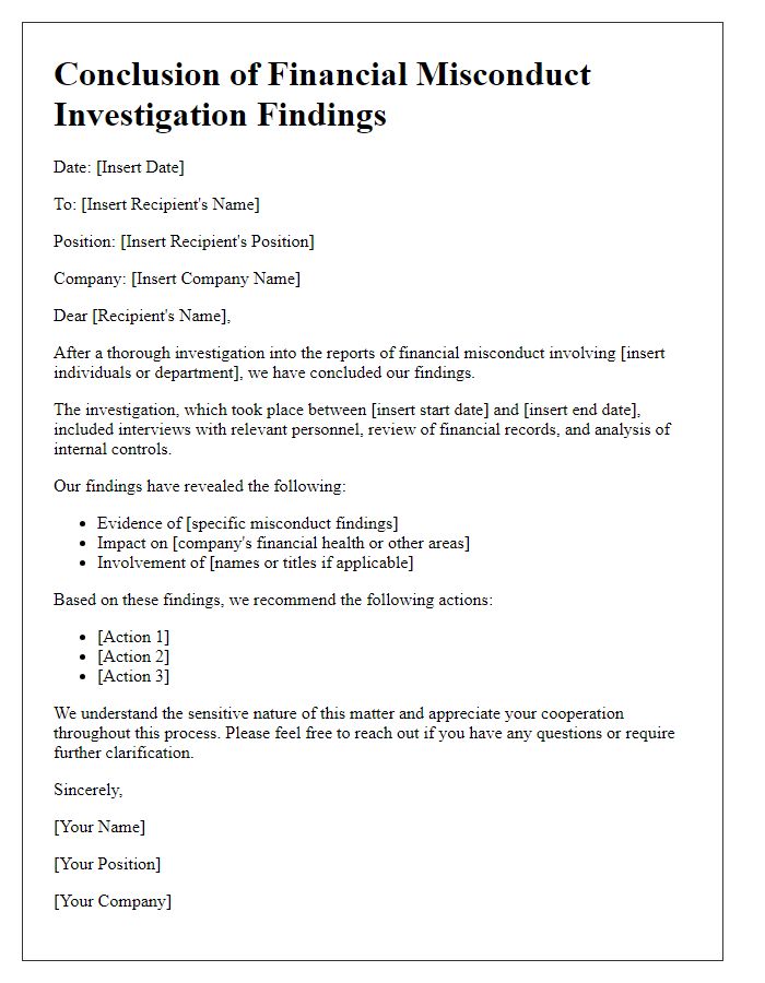 Letter template of conclusion of financial misconduct investigation findings