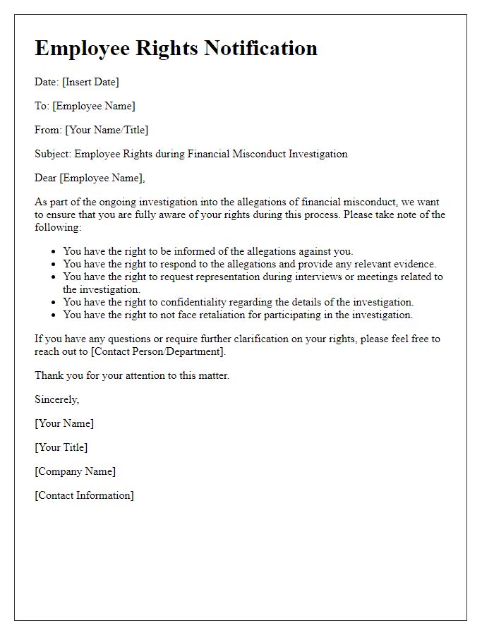 Letter template of employee rights during financial misconduct investigation