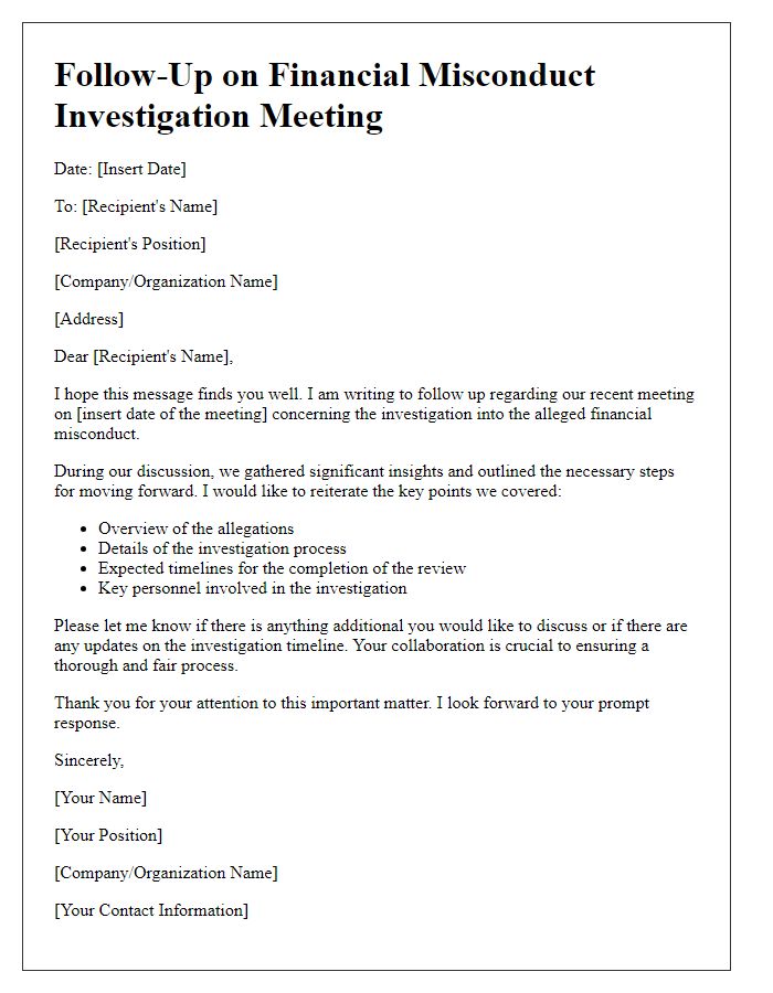 Letter template of follow-up for financial misconduct investigation meeting