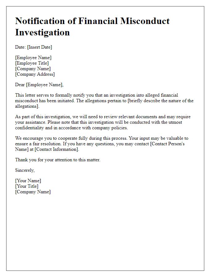 Letter template of notification for financial misconduct investigation