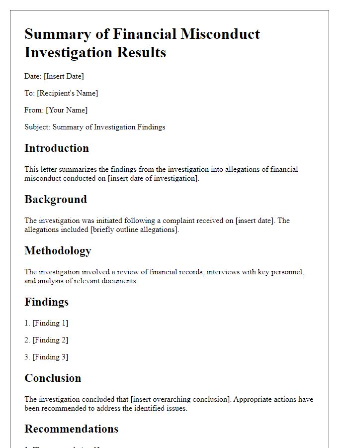 Letter template of summary for financial misconduct investigation results