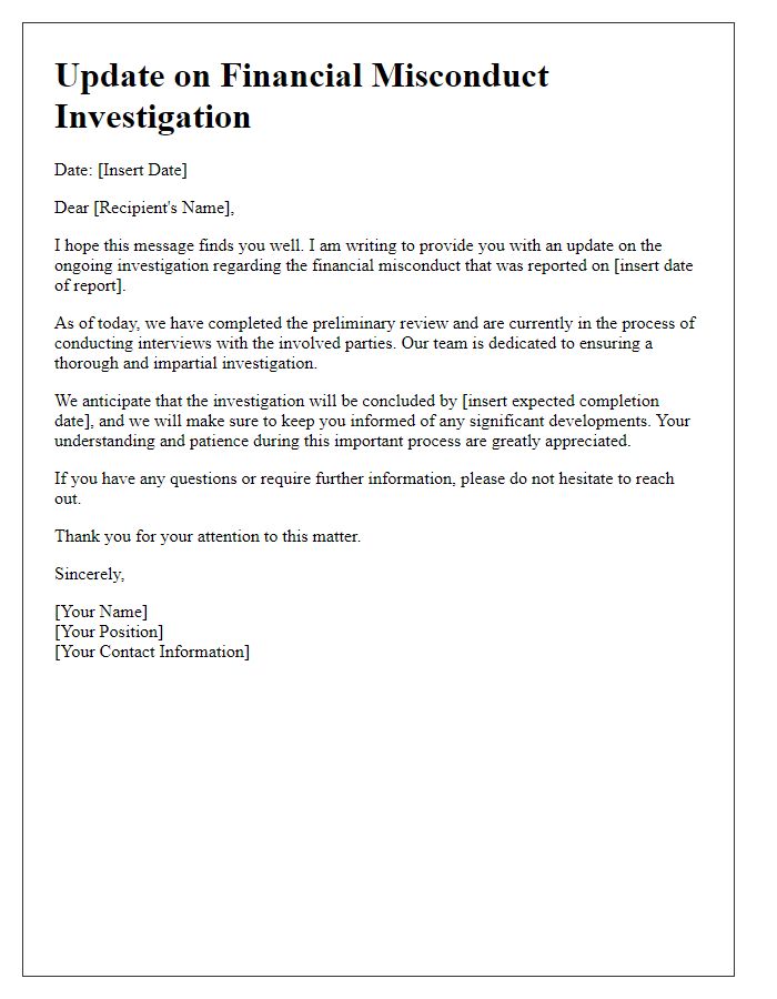 Letter template of update on financial misconduct investigation process