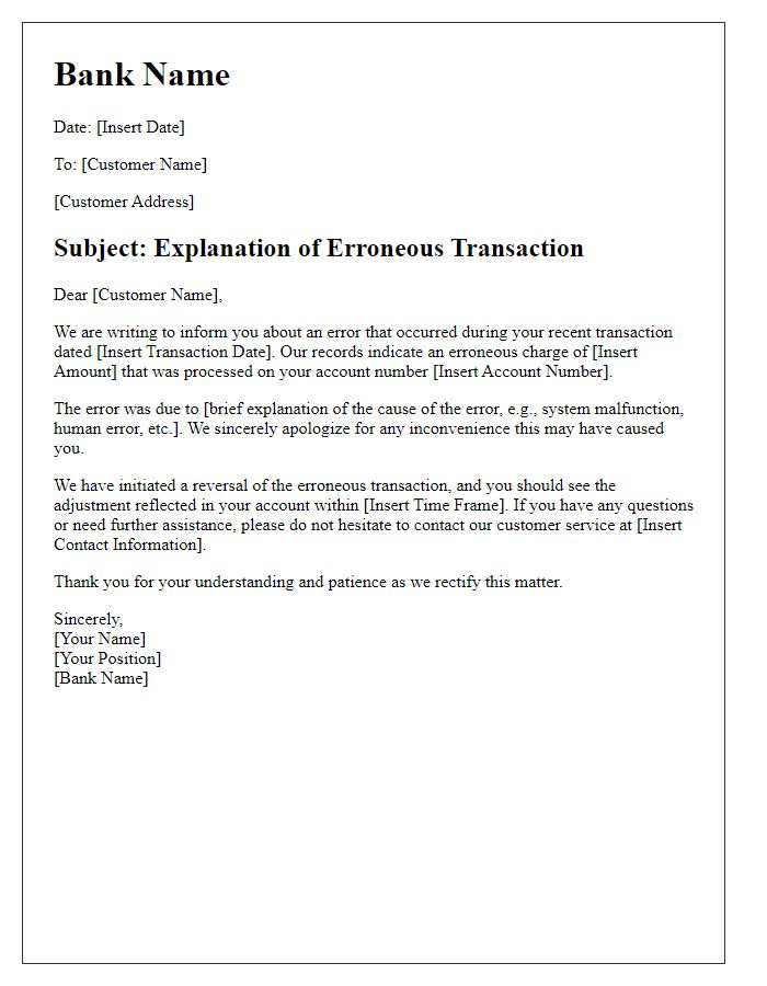 Letter template of erroneous transaction explanation