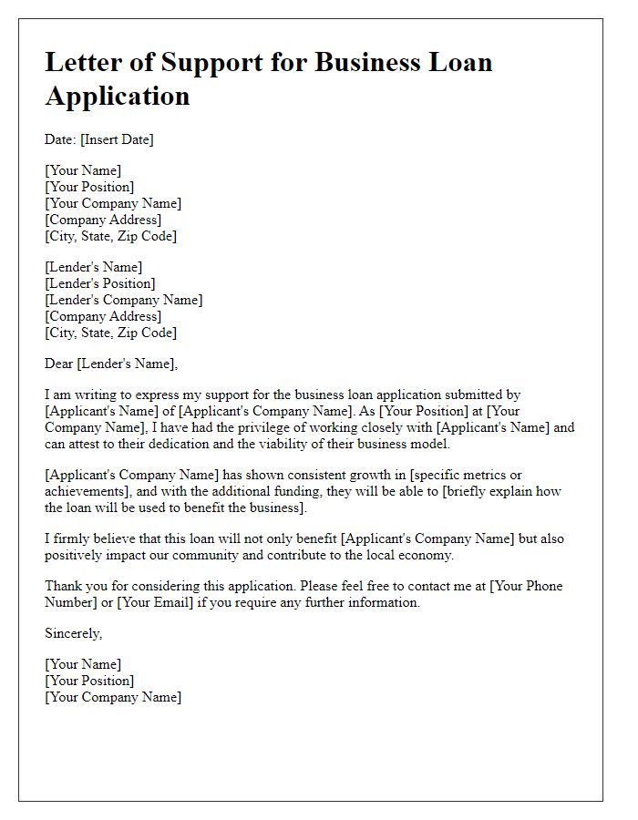 Letter template of business loan application support.