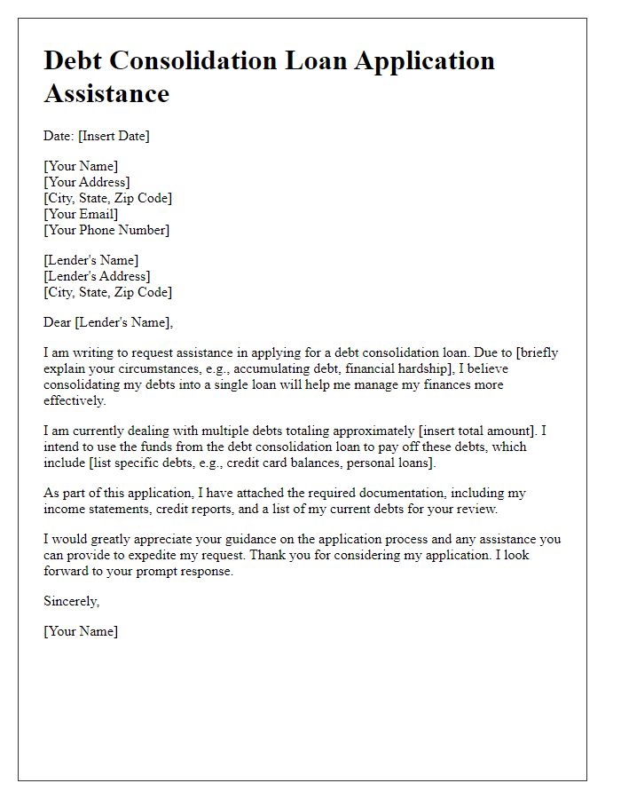 Letter template of debt consolidation loan application assistance.