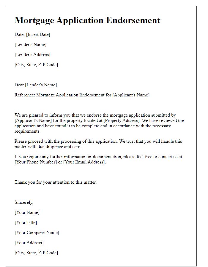 Letter template of mortgage application endorsement.