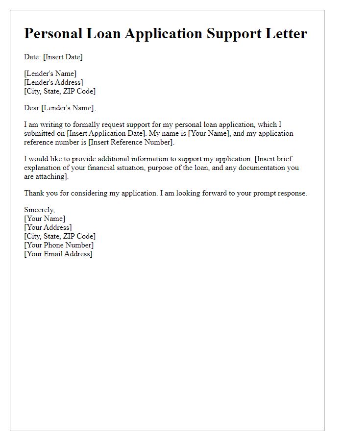 Letter template of personal loan application support.