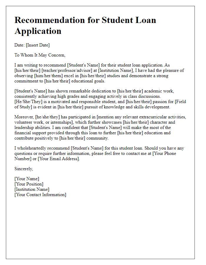 Letter template of student loan application recommendation.