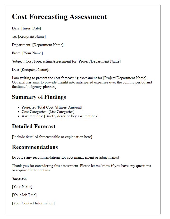 Letter template of cost forecasting assessment