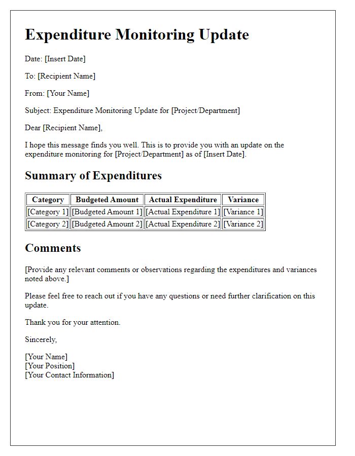 Letter template of expenditure monitoring update