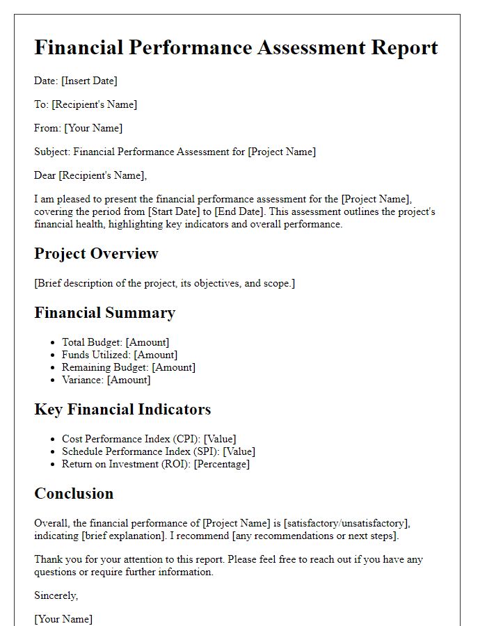 Letter template of financial performance assessment for project