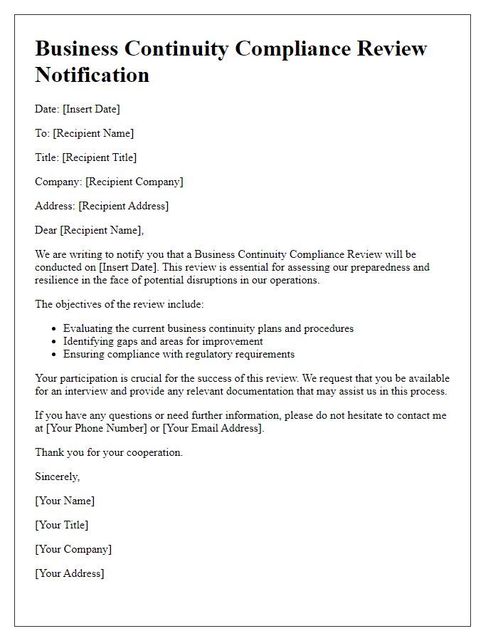 Letter template of Business Continuity Compliance Review Notification