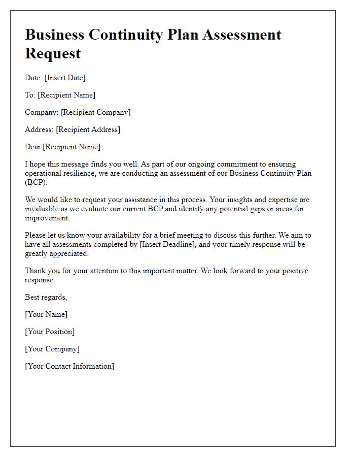 Letter template of Business Continuity Plan Assessment Request