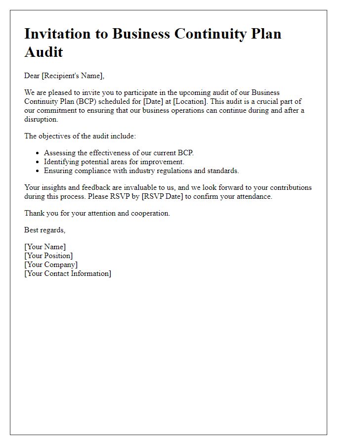 Letter template of Business Continuity Plan Audit Invitation