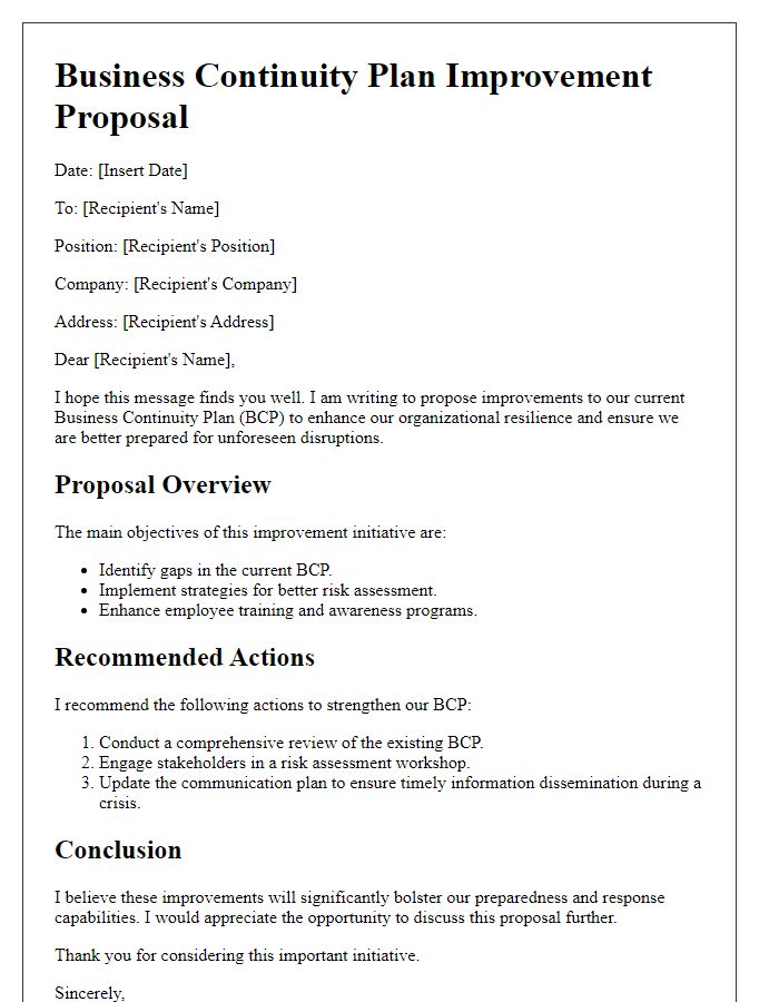 Letter template of Business Continuity Plan Improvement Proposal