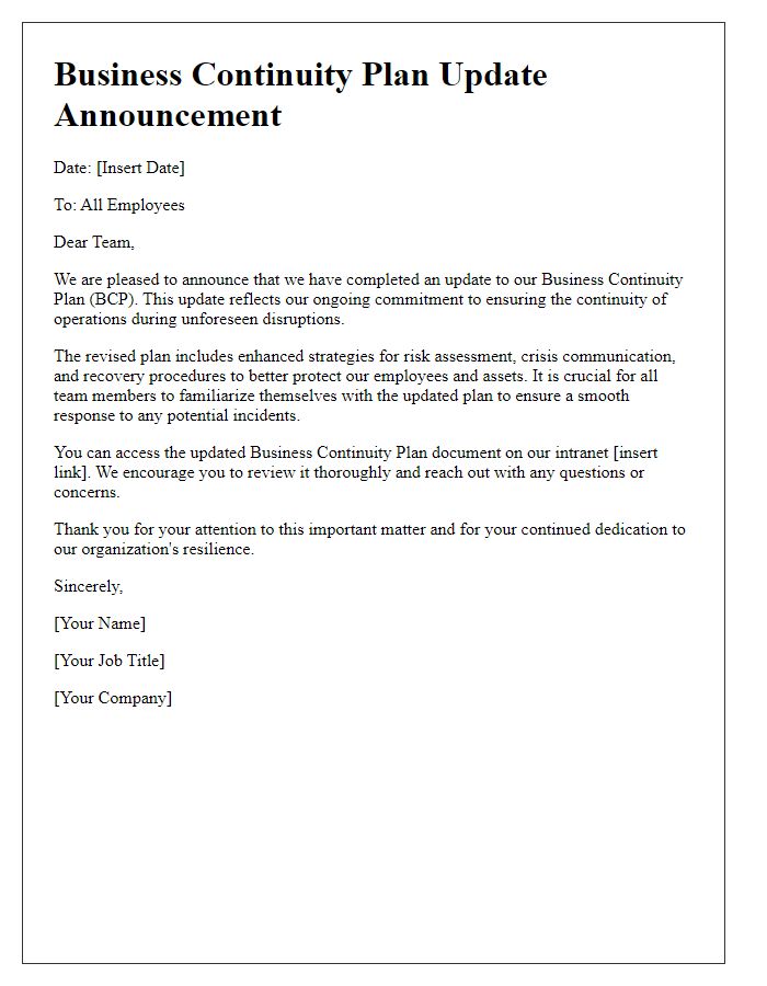 Letter template of Business Continuity Plan Update Announcement