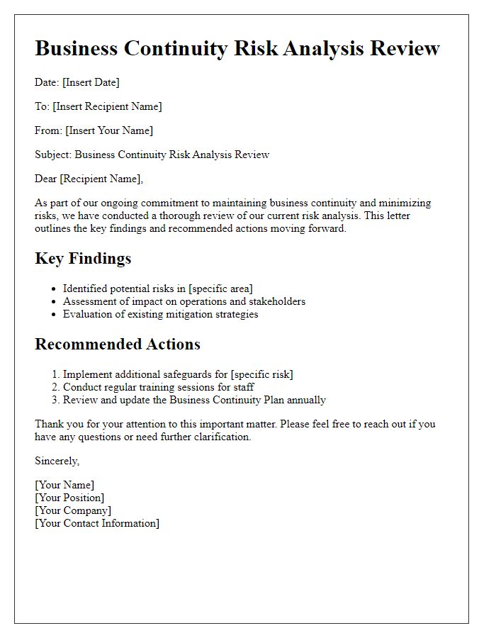 Letter template of Business Continuity Risk Analysis Review