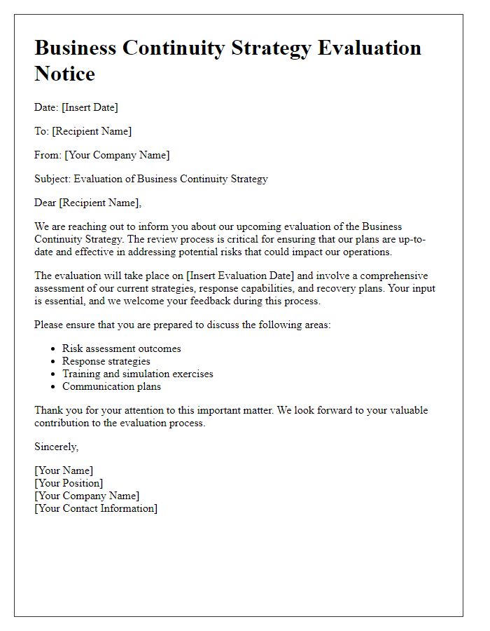 Letter template of Business Continuity Strategy Evaluation Notice