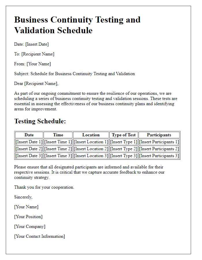 Letter template of Business Continuity Testing and Validation Schedule