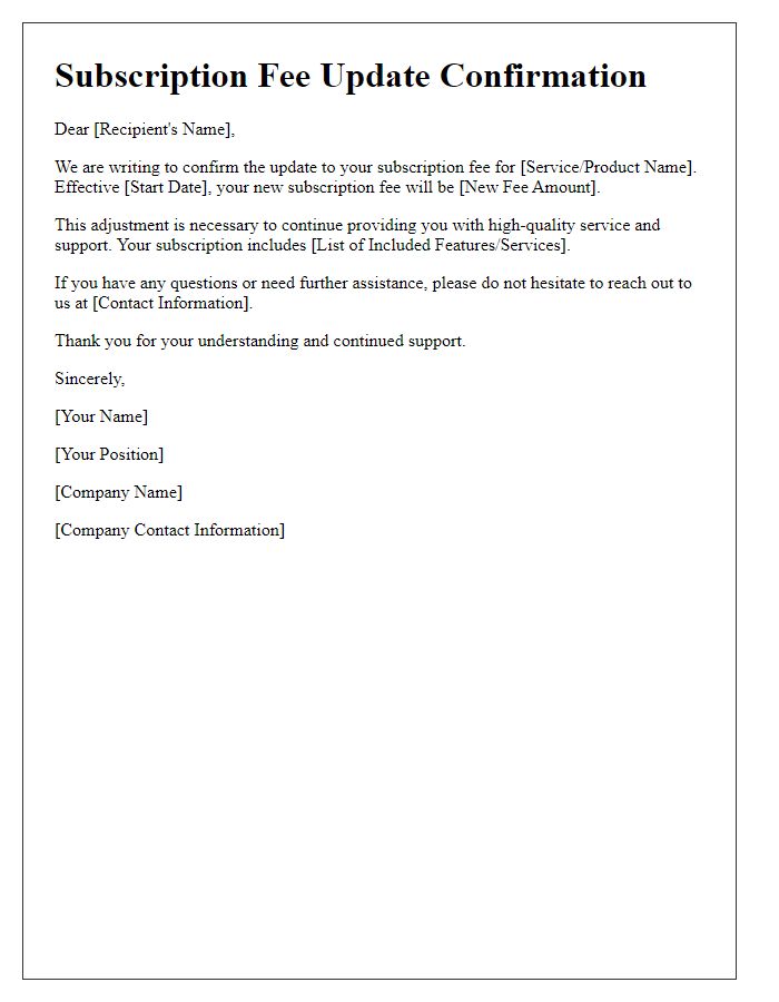 Letter template of confirmation for subscription fee updates