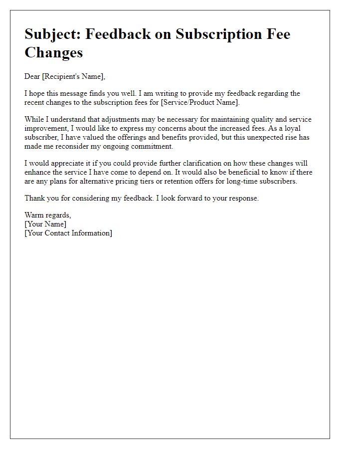 Letter template of feedback on subscription fee changes