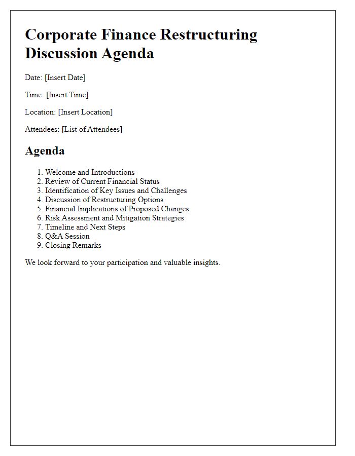 Letter template of corporate finance restructuring discussion agenda