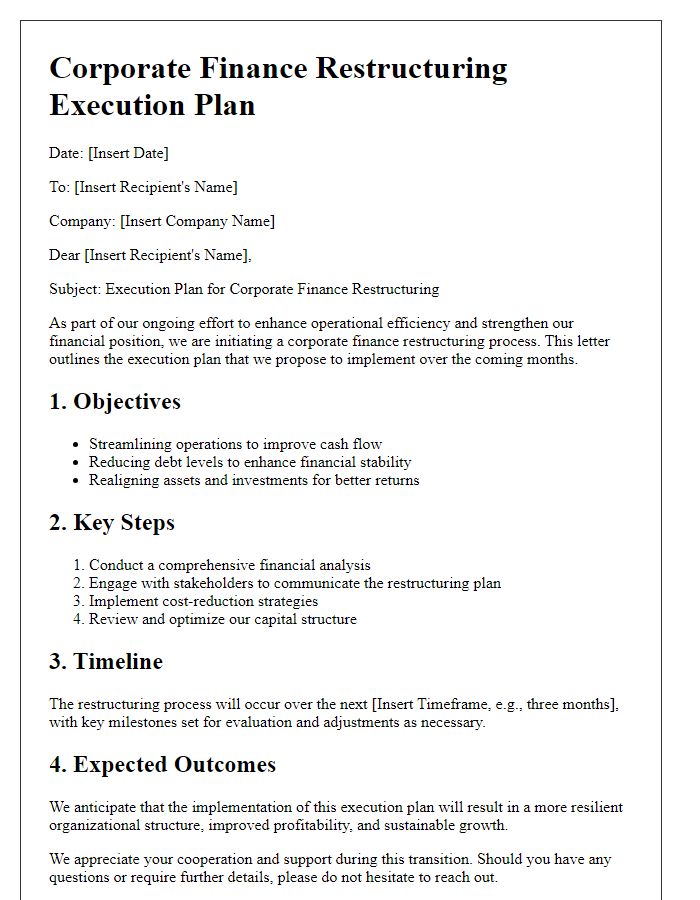 Letter template of corporate finance restructuring execution plan