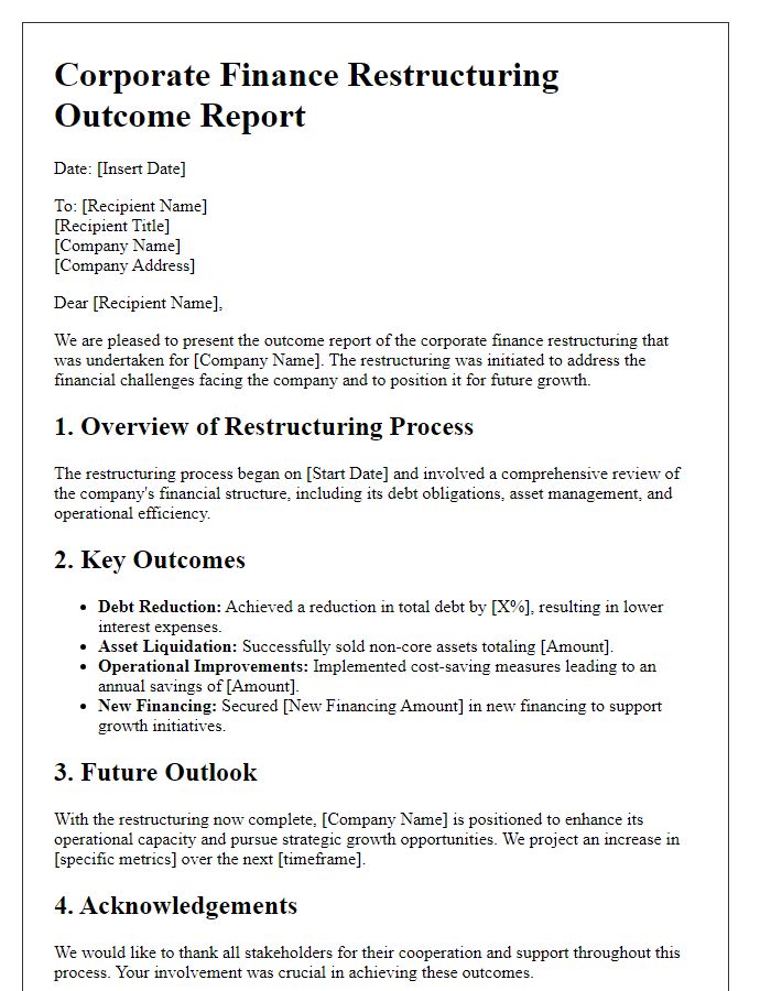 Letter template of corporate finance restructuring outcome report