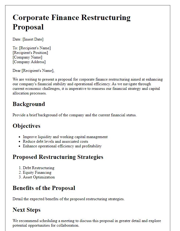 Letter template of corporate finance restructuring proposal