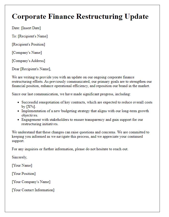 Letter template of corporate finance restructuring update