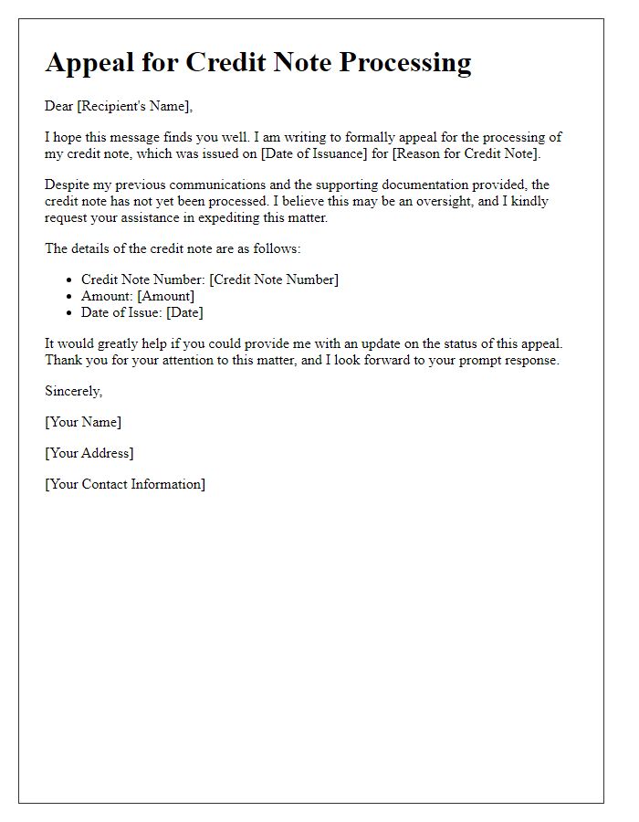 Letter template of Appeal for Credit Note Processing