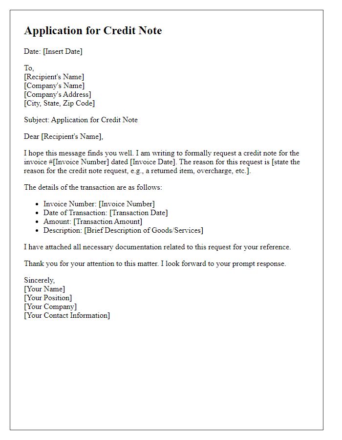 Letter template of Application for Credit Note