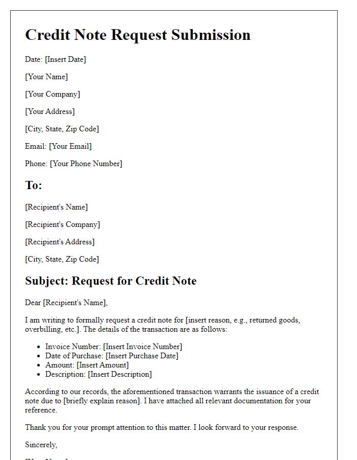 Letter template of Credit Note Request Submission