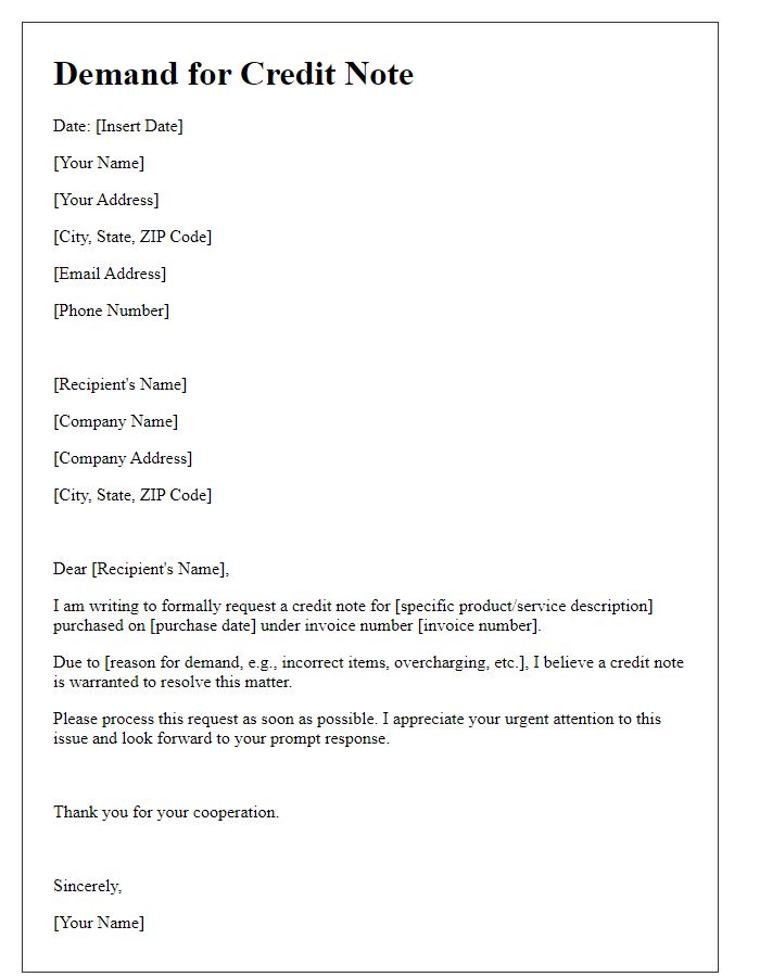 Letter template of Demand for Credit Note