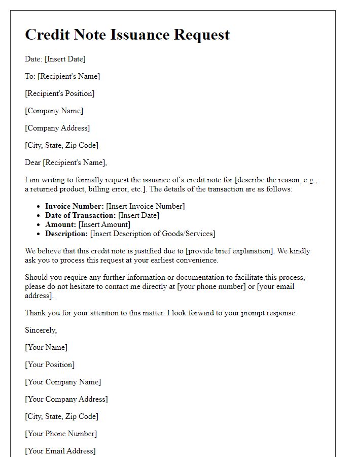 Letter template of Formal Credit Note Issuance Request