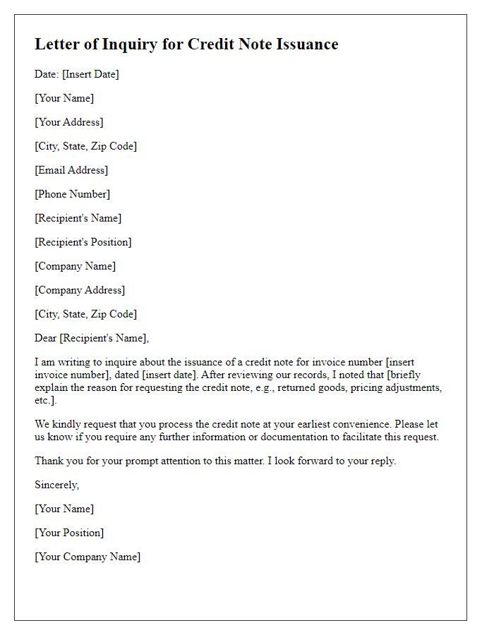 Letter template of Inquiry for Credit Note Issuance