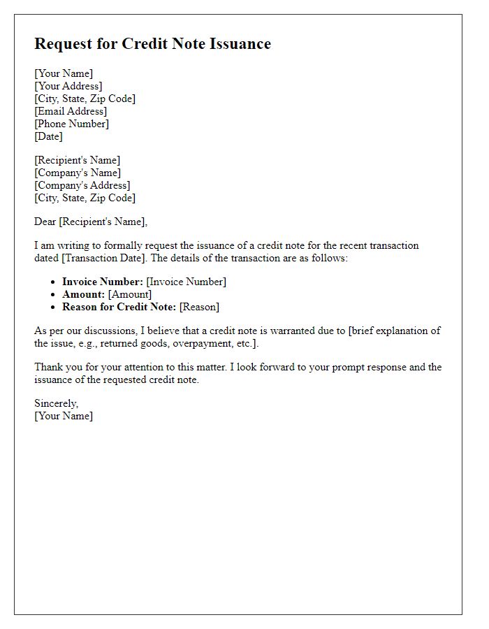 Letter template of Request for Credit Note Issuance