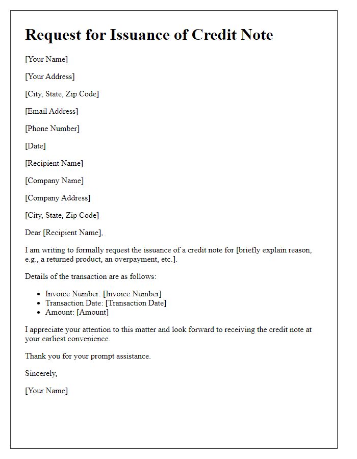 Letter template of Requesting Issuance of Credit Note