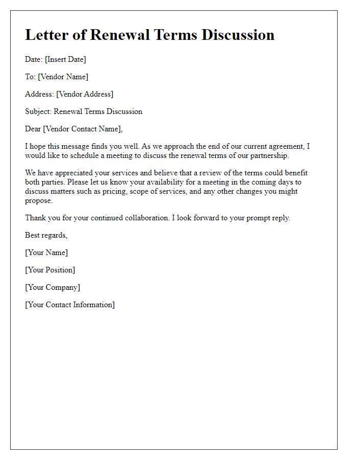 Letter template of renewal terms discussion with vendor