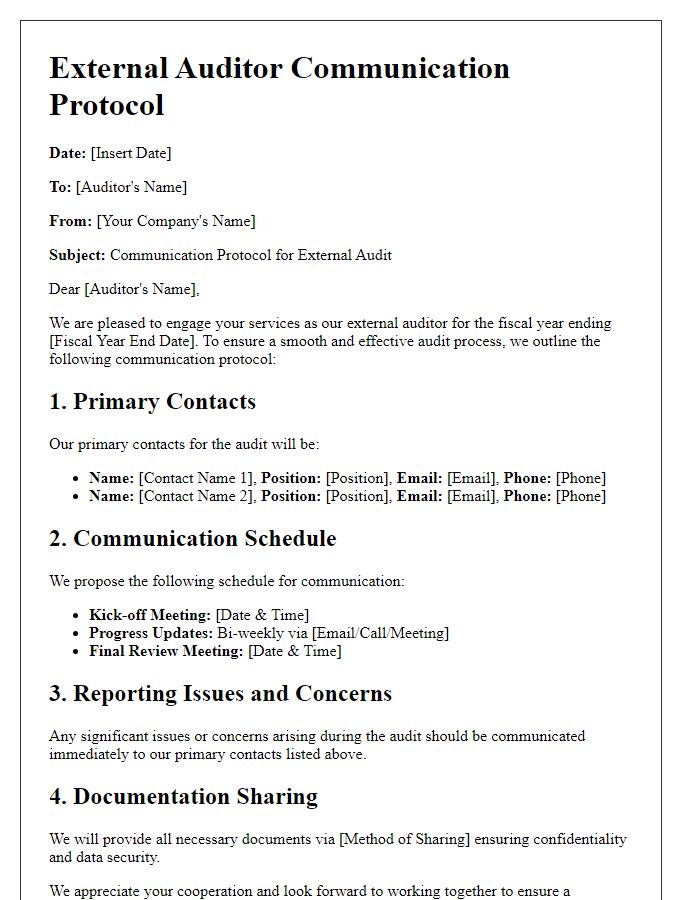 Letter template of external auditor communication protocol