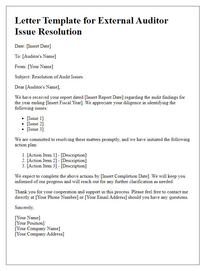 Letter template of external auditor issue resolution process