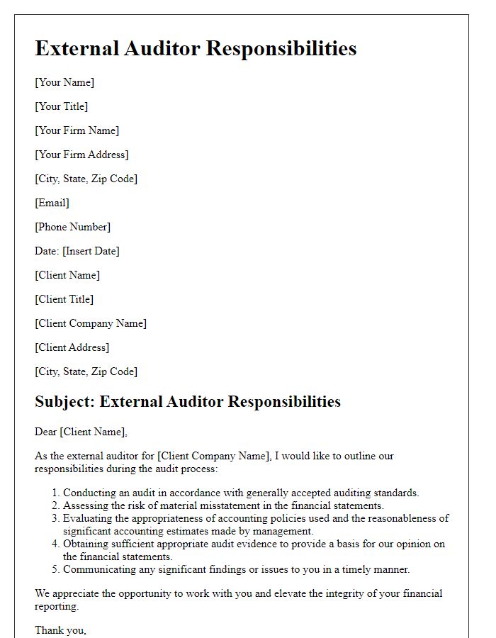 Letter template of external auditor responsibilities