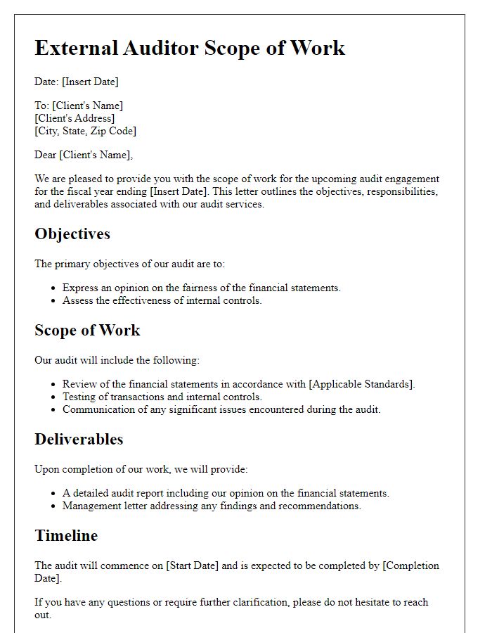 Letter template of external auditor scope of work