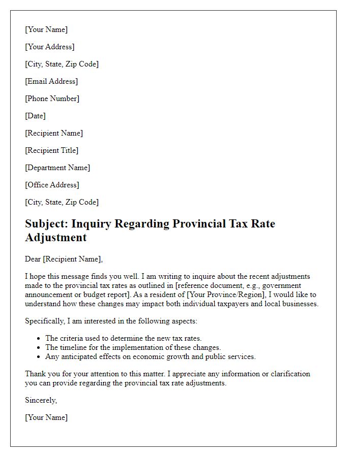 Letter template of provincial tax rate adjustment inquiry