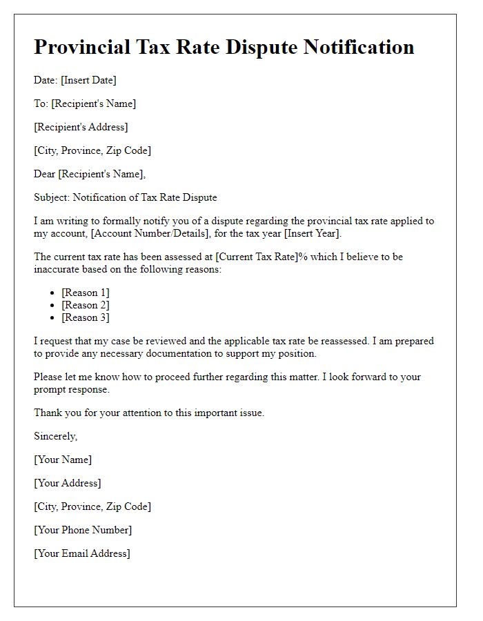 Letter template of provincial tax rate dispute notification