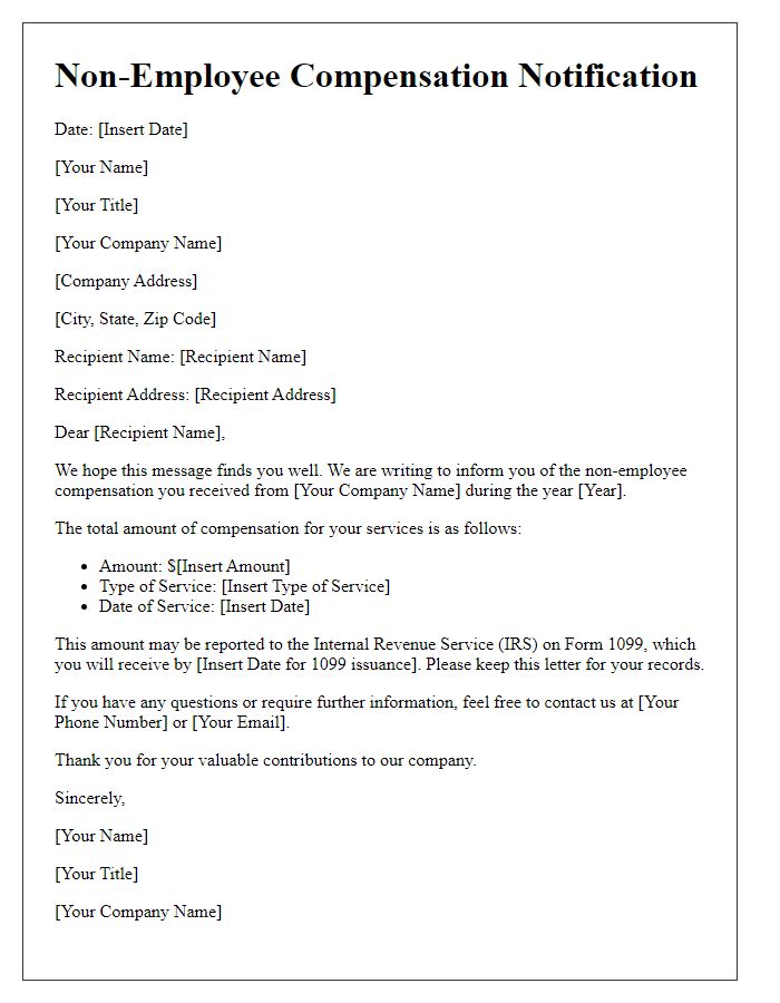 Letter template of communicating non-employee compensation
