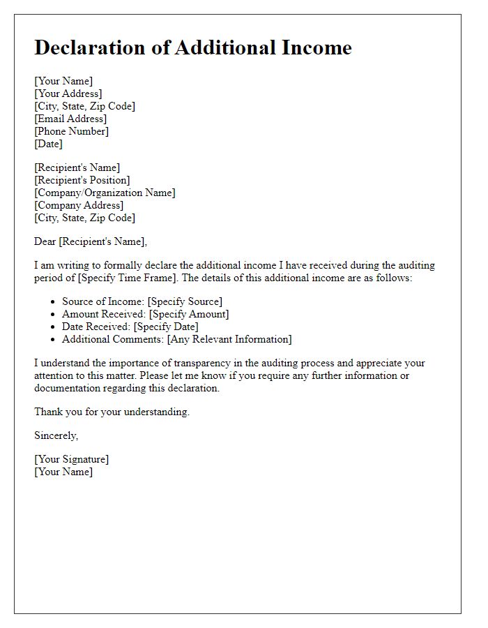 Letter template of declaring additional income for auditing