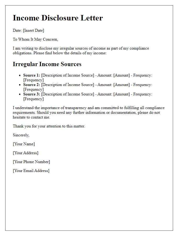 Letter template of disclosing irregular income for compliance