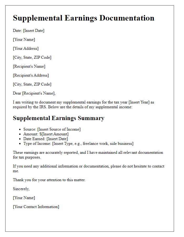 Letter template of documenting supplemental earnings for IRS