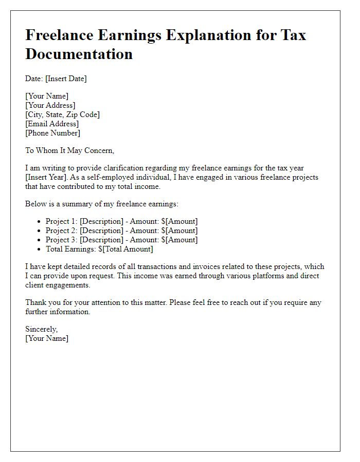 Letter template of explaining freelance earnings for tax documentation